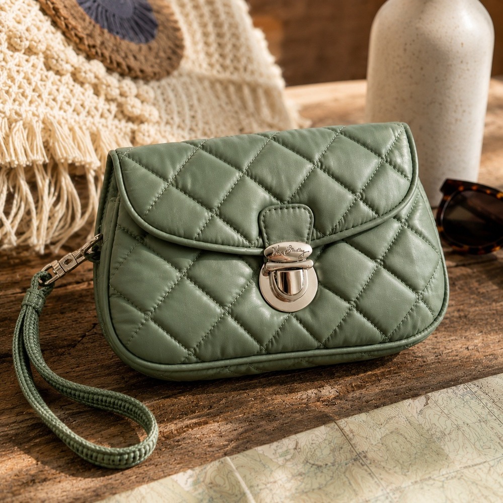 Vera Bradley Sage Greenโ Quilted Nylon Turn Lock Wristlet Floral Interior Bag